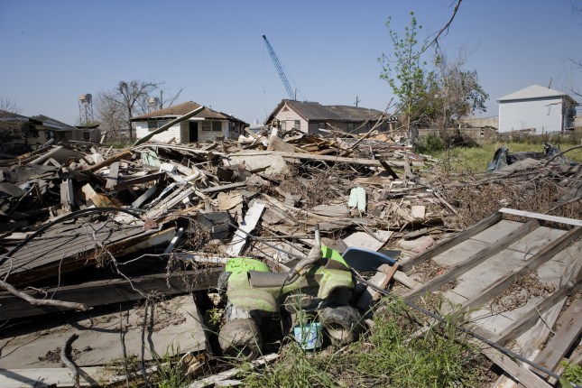 Heavily damaged homes in the Ninth Ward of New Orleans. One block behind these homes is the industrial canal that collapsed during the storm surge of hurricane Katrina.